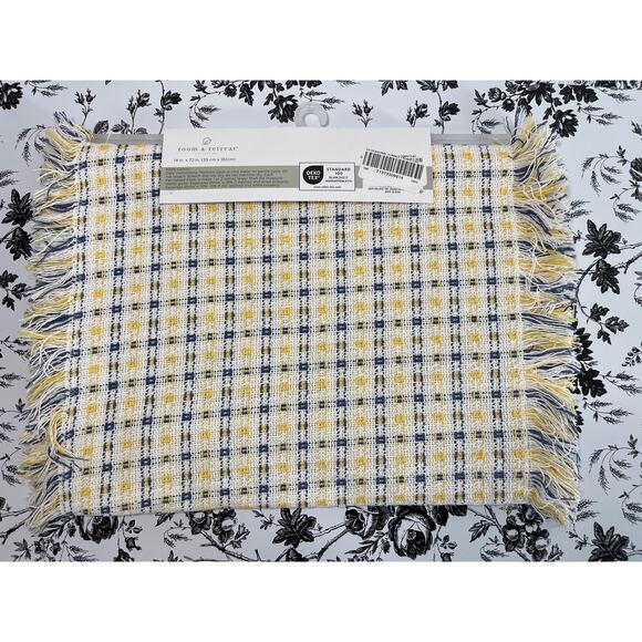 Room and Retreat NWT Table Runner 100% Cotton 14in x 72in Knit Plaid Yellow Blue - Picture 4 of 6